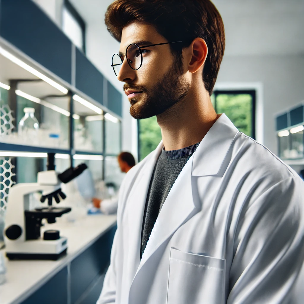 DALL·E 2025-02-26 11.53.49 - A man wearing a white lab coat in a modern laboratory, standing in a side profile with his face not visible. The background features scientific equipm